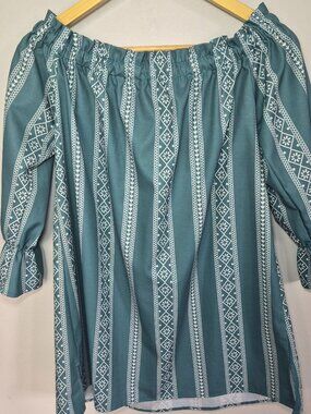 Haoduoyi Women’s Off Shoulder Blouse XL Teal White Boho Stripe 3/4 Sleeve Top